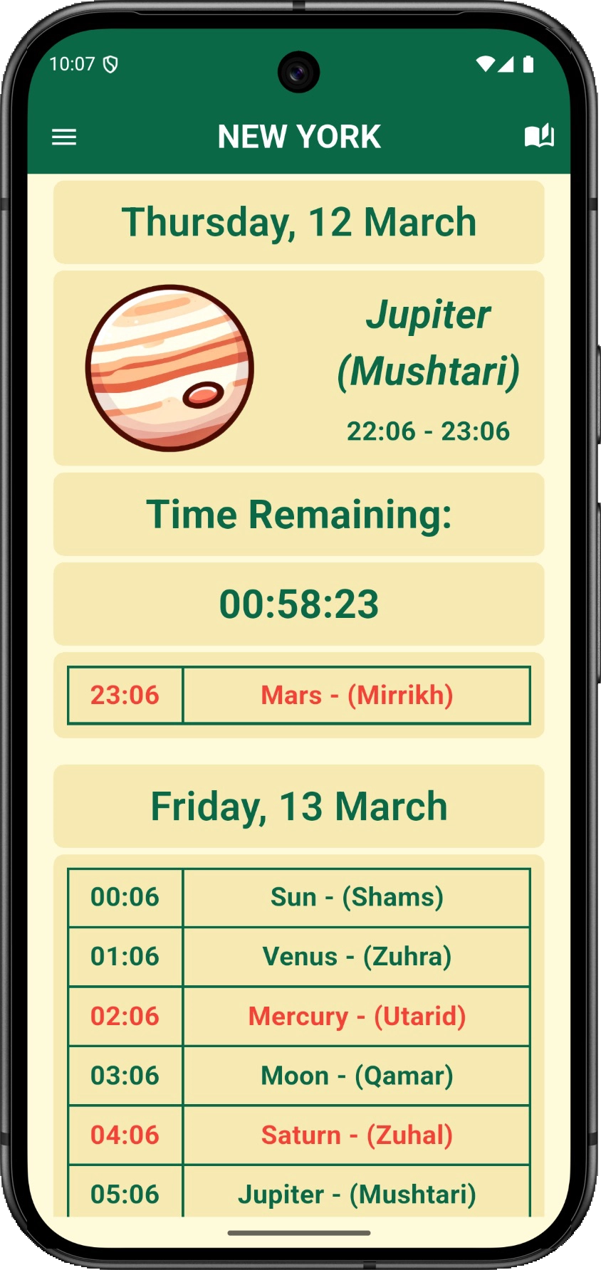 Planetary Hours English Android preview showing the current planetary hour and upcoming rows.