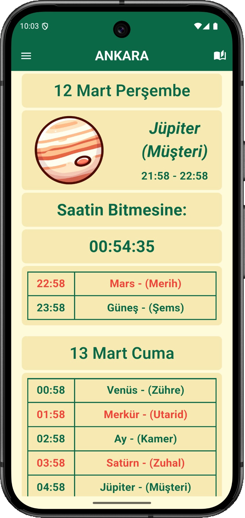 Gezegen Saatleri Türkçe Android önizlemesi; geçerli gezegen saati ve sonraki satırlar.