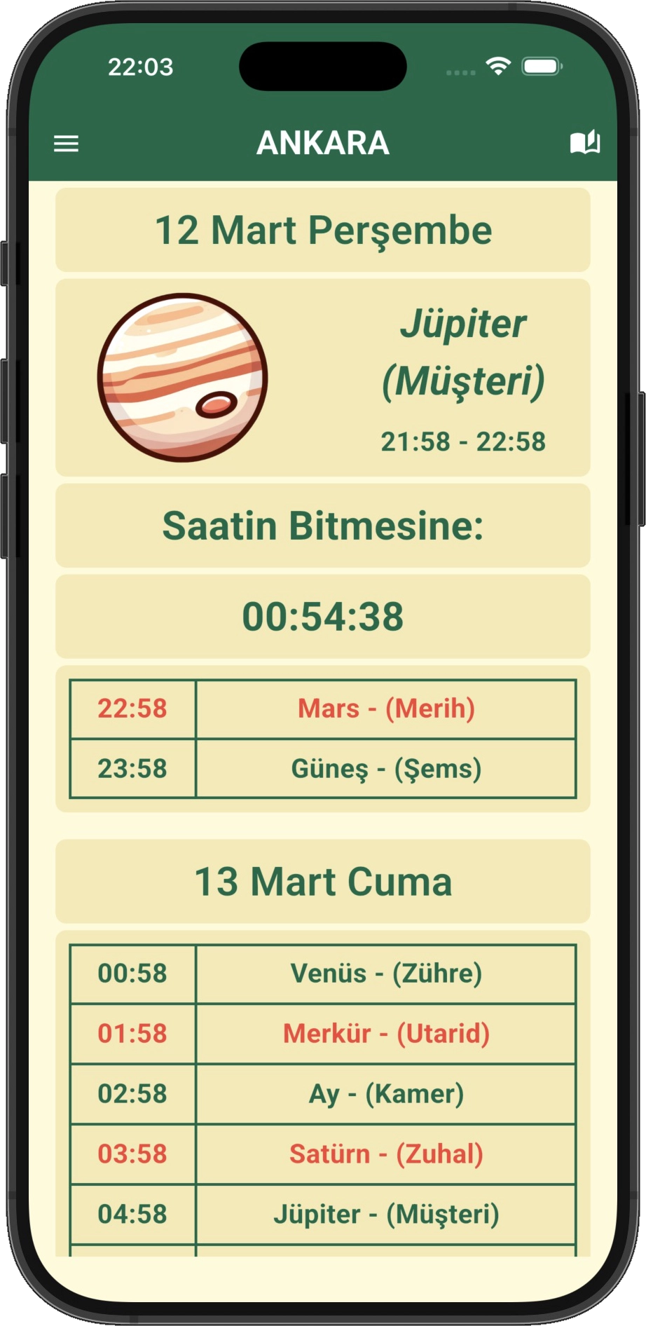 Gezegen Saatleri Türkçe iPhone önizlemesi; geçerli gezegen saati ve sonraki satırlar.